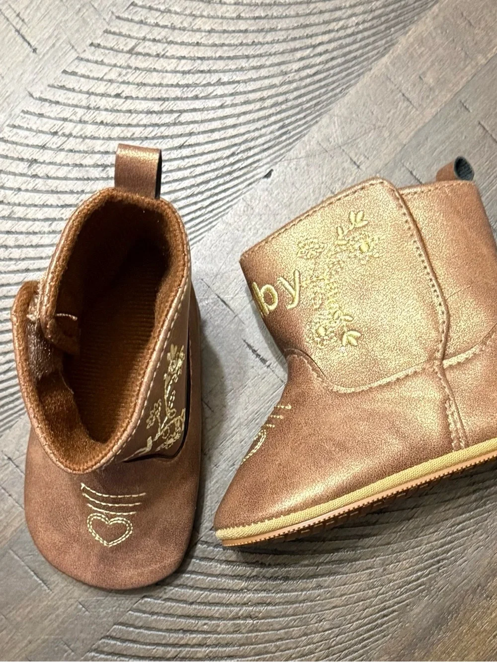 Kids Metallic Brown Boot with Floral Embroidery